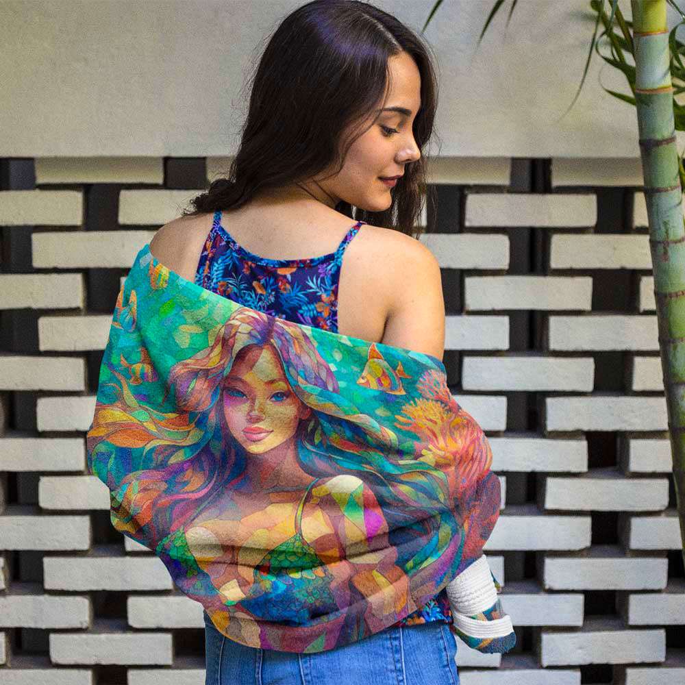 Mermaid beach towel worn by swimsuit model in front of an artistic brick backdrop