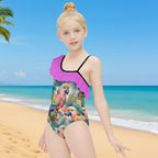 Girl wearing a colorful swimsuit with parrot design on a beach in Key West