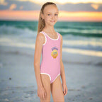 Girl's Cotton Candy One Piece Swimsuit saying SHello worn by kid on Pensacola Beach