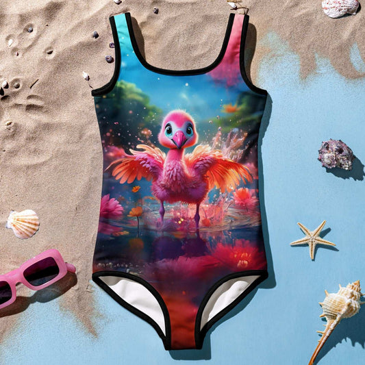 Cute Flamingo Girls swimsuit Lying in the sand next to some shells