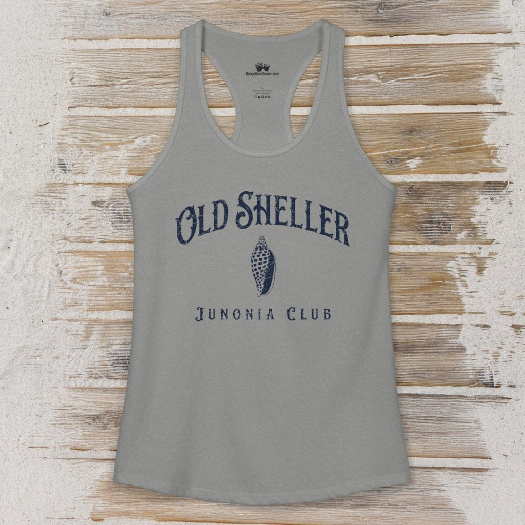 Gray tank top with 'Old Sheller Junonia Club' text on a textured wooden surface