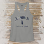 Gray tank top with 'Old Sheller Junonia Club' text on a textured wooden surface