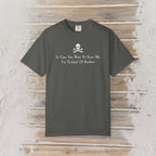 A dark gray crewneck t-shirt with a white skull and crossbones graphic and the text 'In Case You Want To Scare Me I'm Terrified Of Boobies' printed on the chest, displayed flat against a rustic light wood plank background.