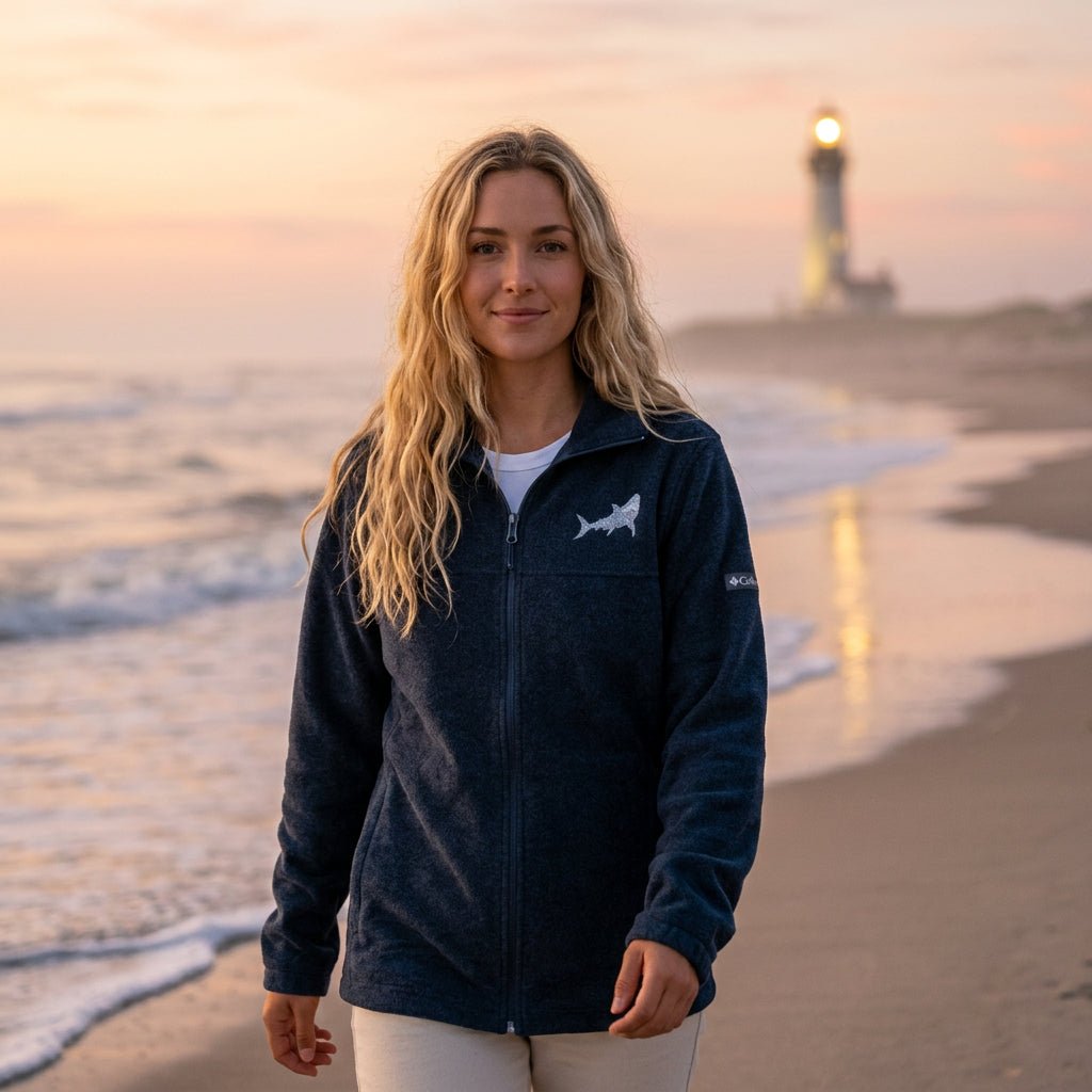A woman stands on a beach wearing a dark navy fleece zip-up jacket with a great white shark embroidered on the left chest, paired with light beige pants.