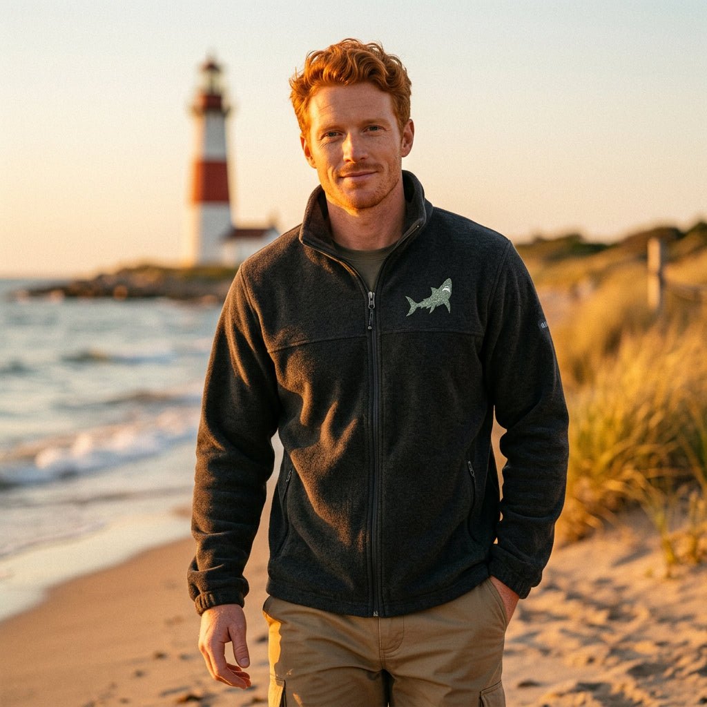 A man standing on a sandy beach wearing a dark charcoal gray zip-up fleece jacket with a great white shark embroidered on the left chest, paired with khaki pants.