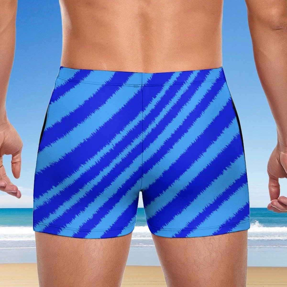 Backside Blue striped swim shorts with a beach background