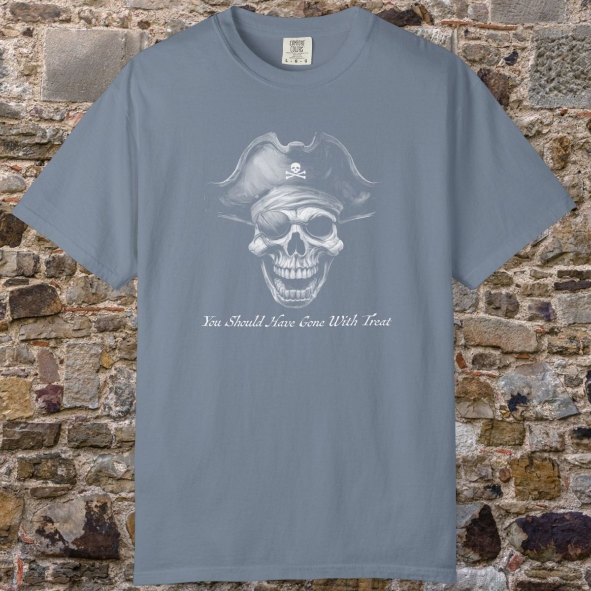 A slate blue crewneck t-shirt featuring a white graphic of a skull wearing a pirate hat with a skull-and-crossbones symbol, and the text 'You Should Never Wish Trust' printed below. The t-shirt is displayed flat against a rustic, textured stone brick wall background.