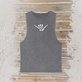 A dark gray sleeveless tank top with a white skeleton hand graphic on the chest, laid flat on a rustic wooden plank background.