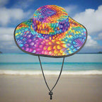 Colorful tie-dye sun hat with a wide brim on a beach background