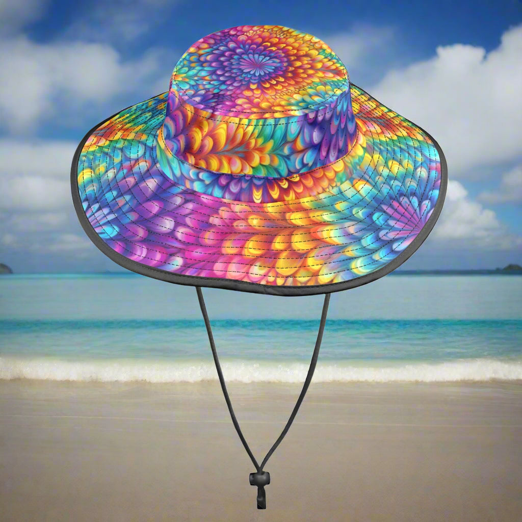 Colorful tie-dye sun hat with a wide brim on a beach background