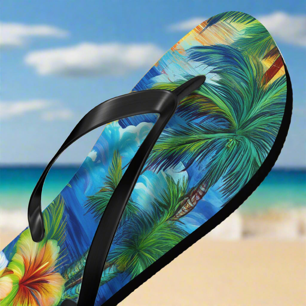 Hawaiian Flip-flop sandel with tropical leaf pattern on a sunny beach background