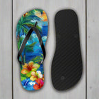 Flip-flop with tropical design and black insole on a rustic nautical wood background