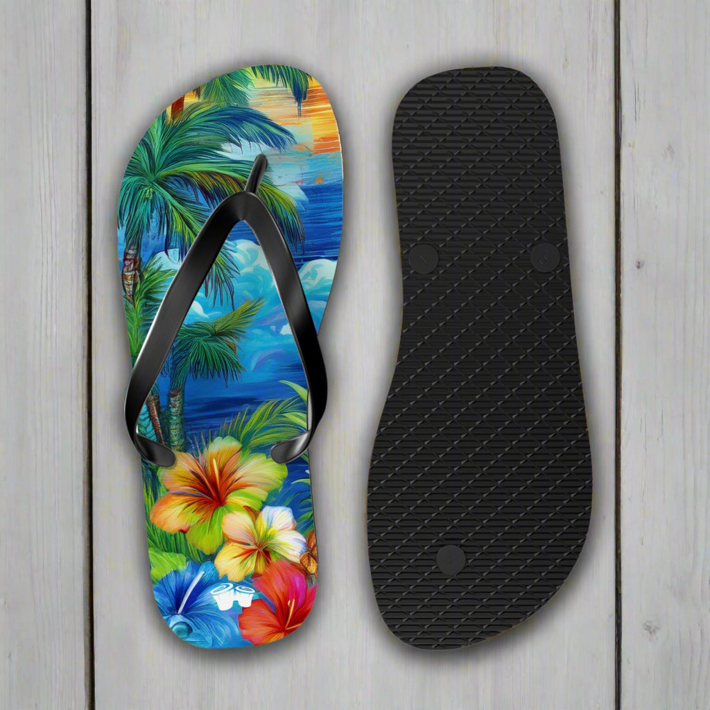 Flip-flop with tropical design and black insole on a rustic nautical wood background