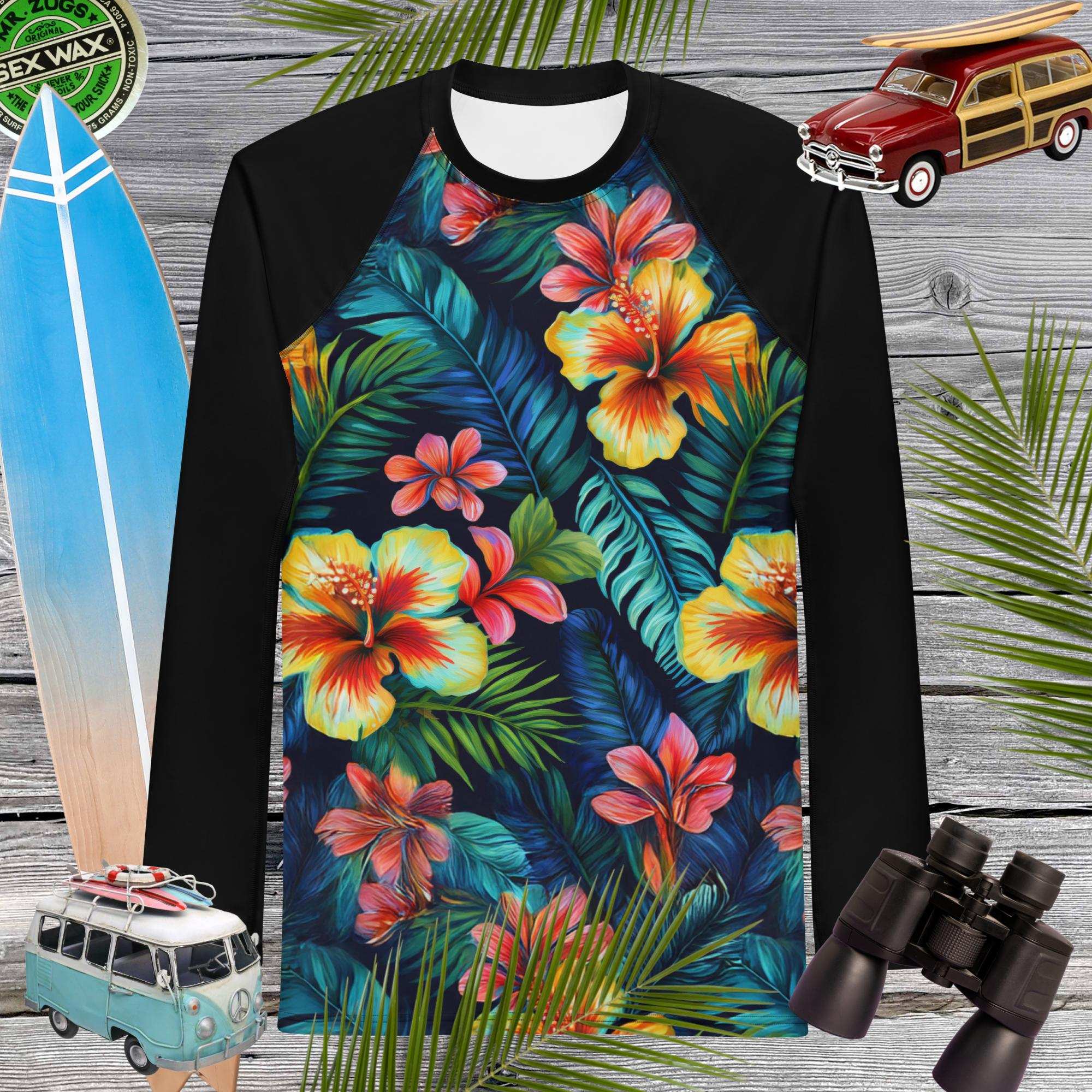 Hawaiian Hibiscus Print Rash Guard | Men's | UPF 50+ Rash Guards & Swim Shirts