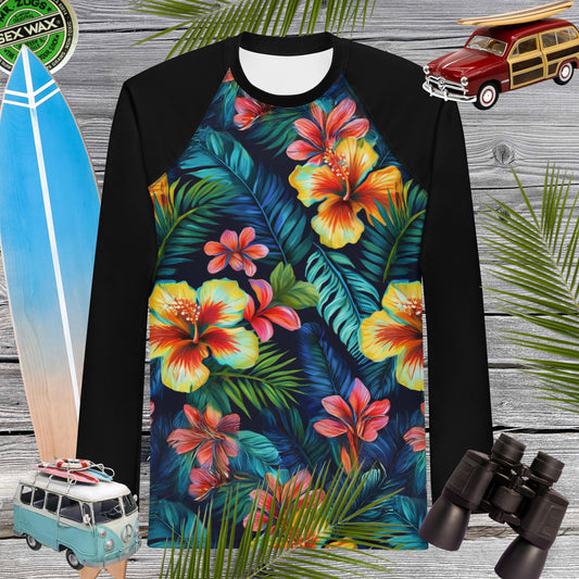Hawaiian Hibiscus Print Rash Guard | Men's | UPF 50+ Rash Guards & Swim Shirts