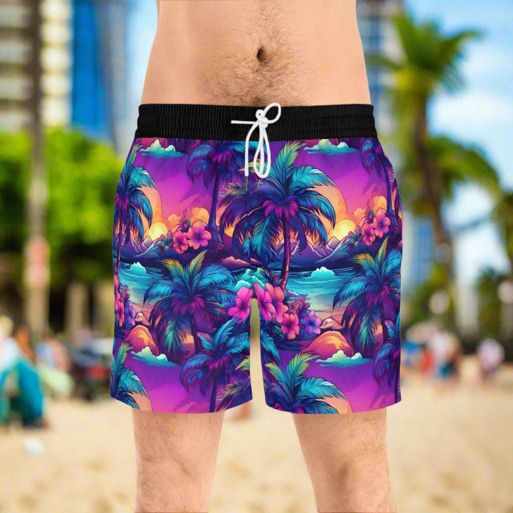 Surfer dude wearing Hawaiian luau style swim shorts in Waikiki 