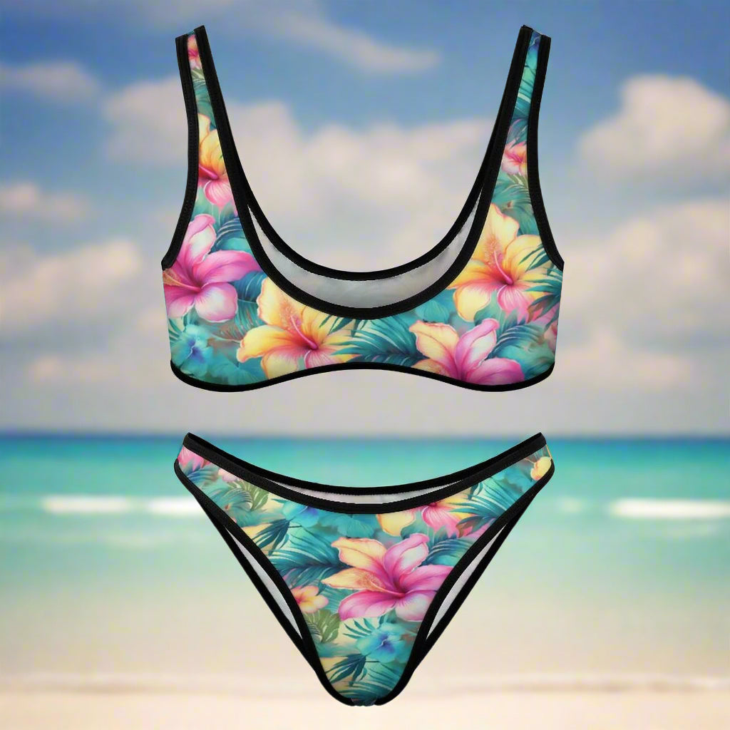 Tropical floral bikini set on a beachy background