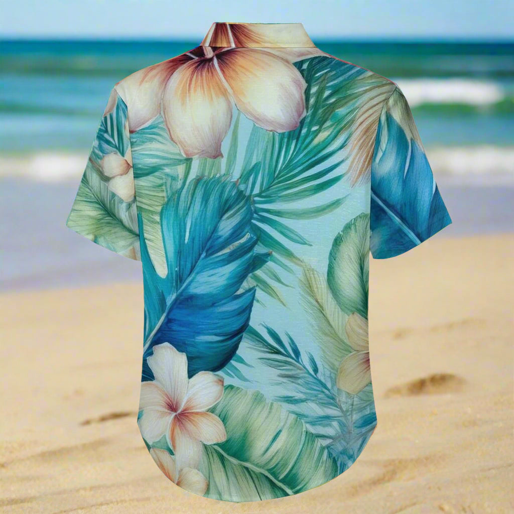 Short-sleeve shirt with tropical leaf and flower pattern on a Beach background