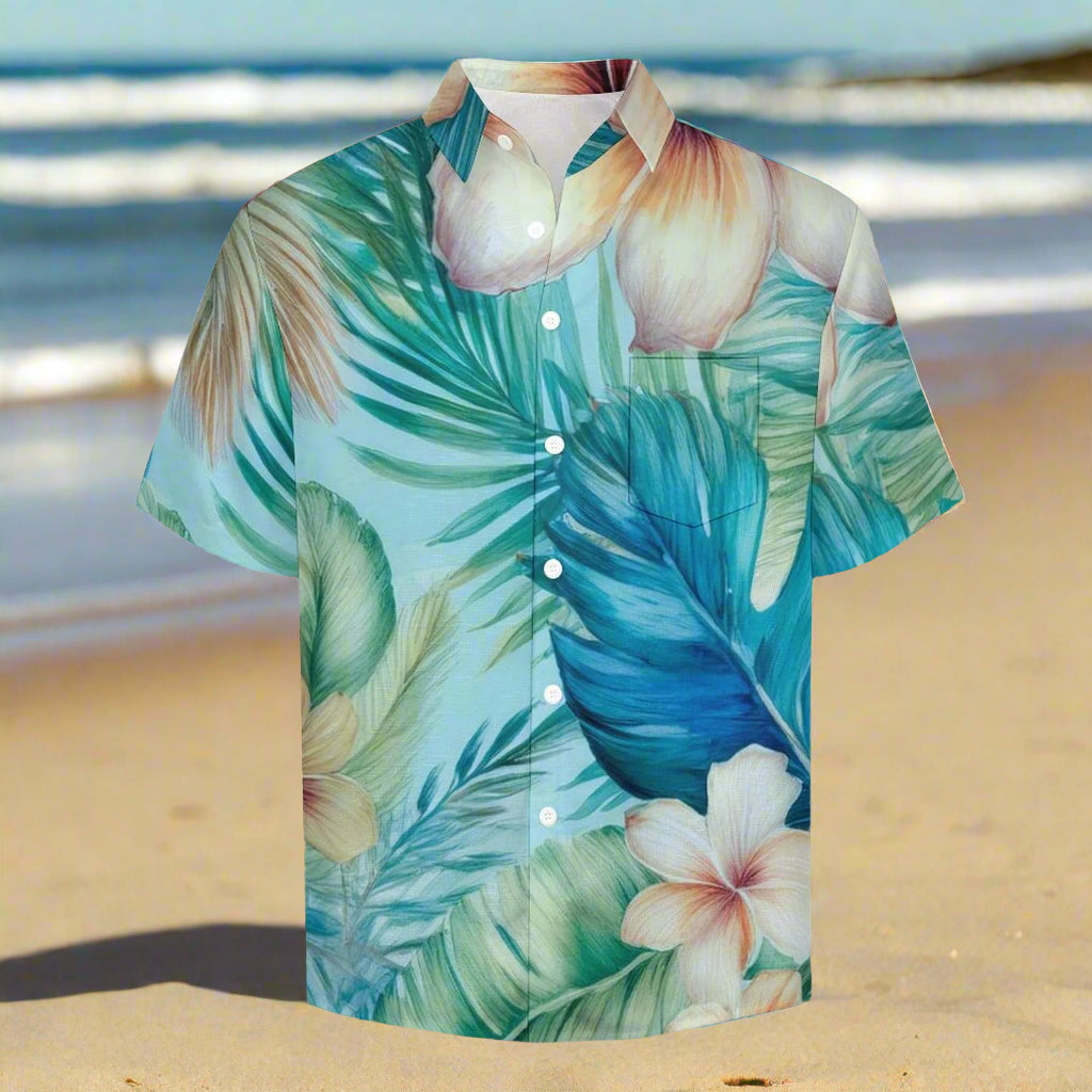 Hawaiian shirt with tropical leaf and flower pattern on a beach background