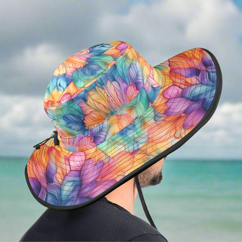 Colorful earthy patterned sun hat worn by a dude on a Key West beach