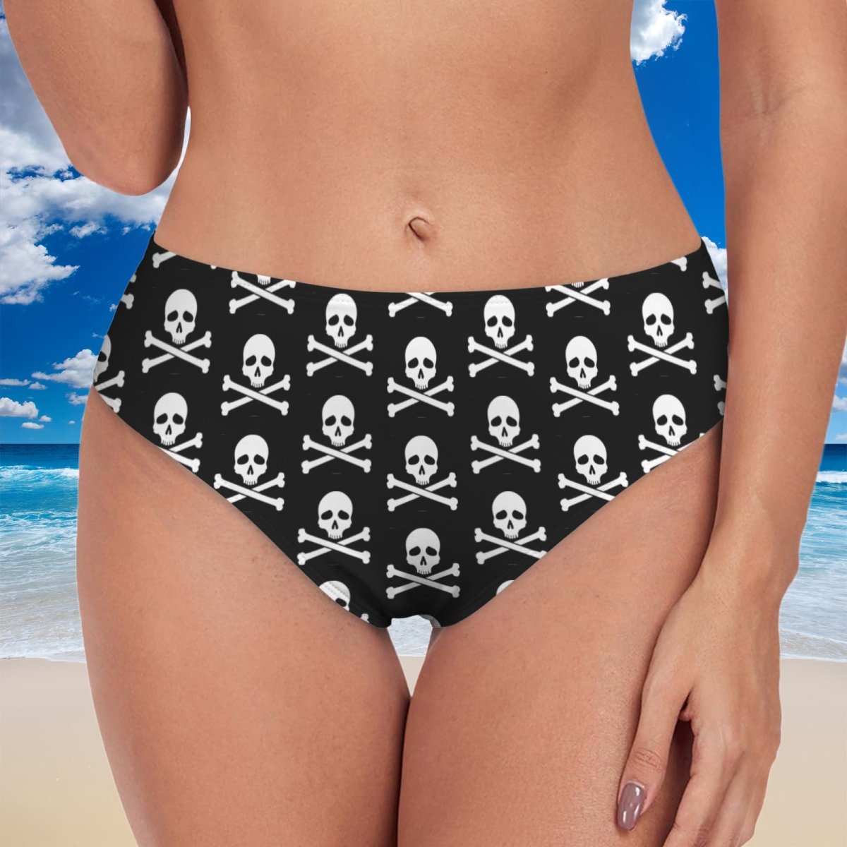 Black Skull & Bones Bikini Bottom worn by a woman on a white background