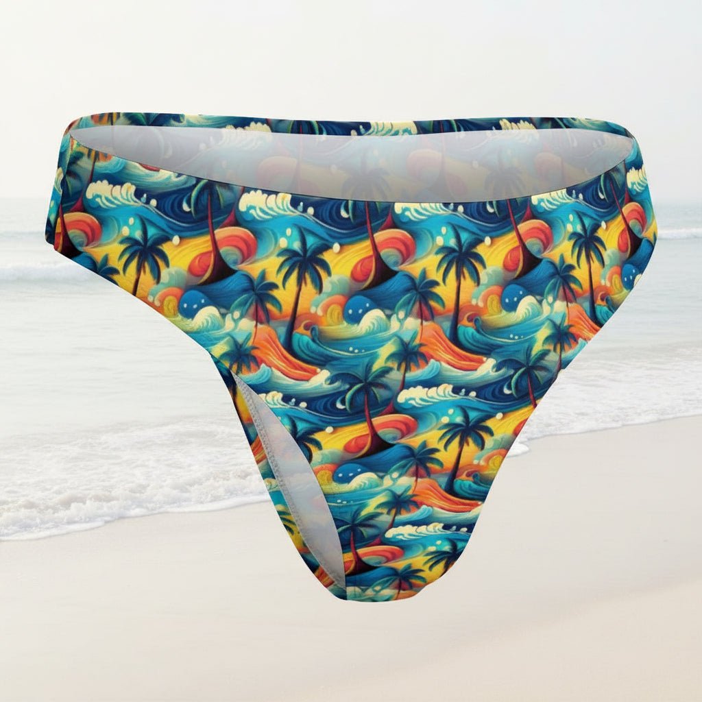 Colorful swim brief with tropical pattern on a beach background