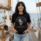 Laughing Woman on a vintage sailboat near St. Croix wearing a funny Pirate T-shirt