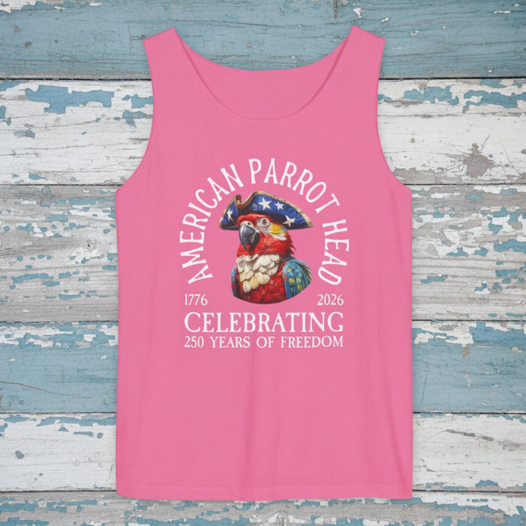Pink tank top with 'American Parrot Head' graphic and text on a rustic wood 