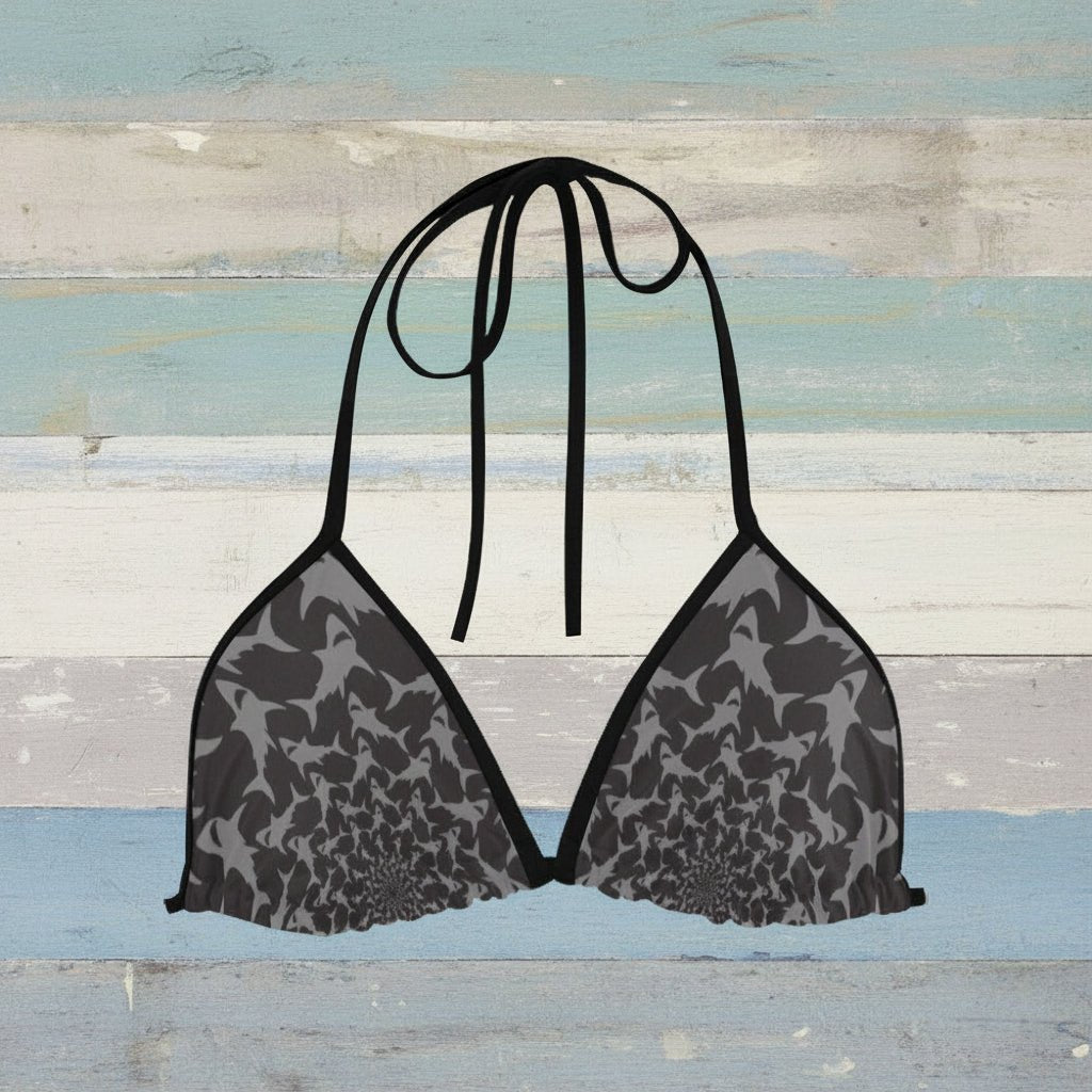 Black and gray patterned bikini top on a white background