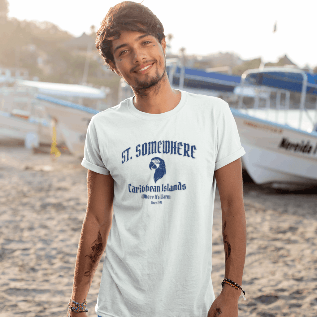 Island dude hanging loose in St Somewhere sporting the resort tee somewhere in the Caribbean. 