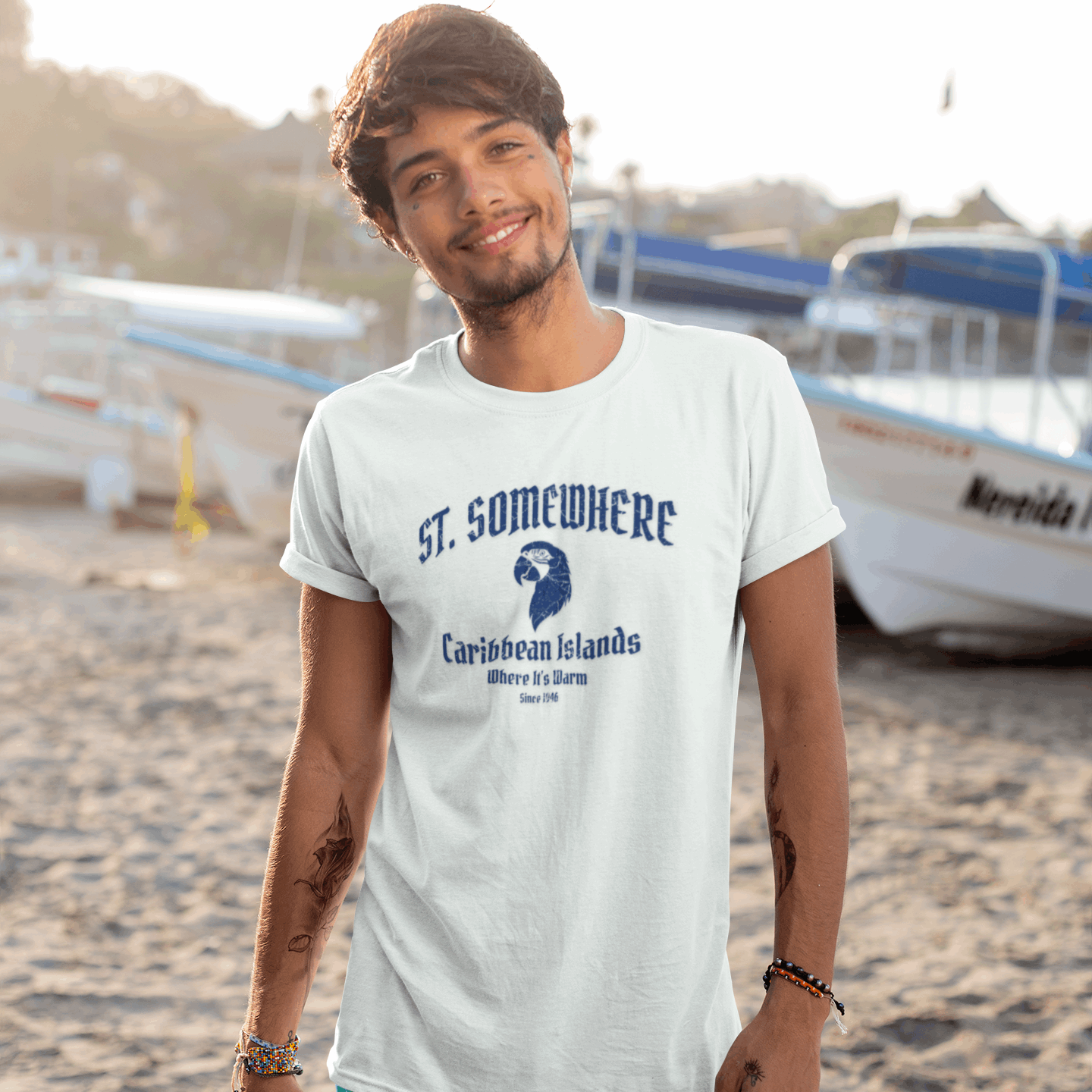 Island dude hanging loose in St Somewhere sporting the resort tee somewhere in the Caribbean. 