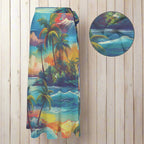 Colorful sarong with tropical island design on a nautical wood background