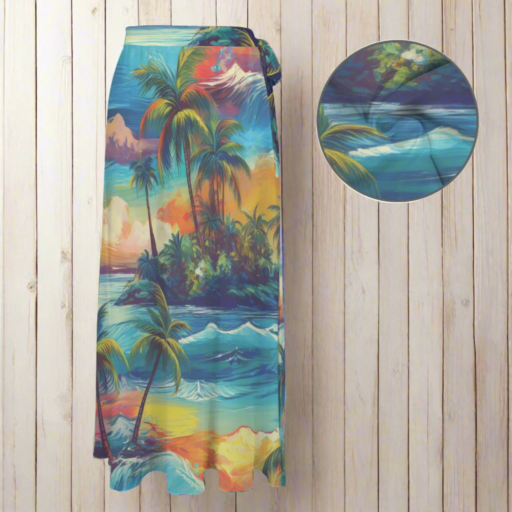 Colorful sarong with tropical island design on a nautical wood background