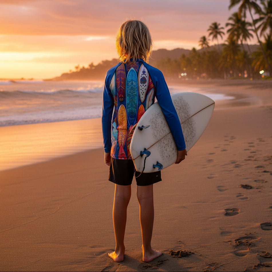 Teen Surfer on Jaco Beach wearing a long-sleeve rashie with a vibrant print of various colorful surfboards.