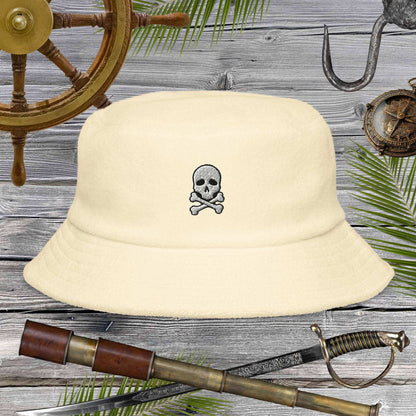 Jolly Pirate Flag Bucket Hat made of unstructured terry cloth with a skull and crossbones design, perfect for sunny adventures.