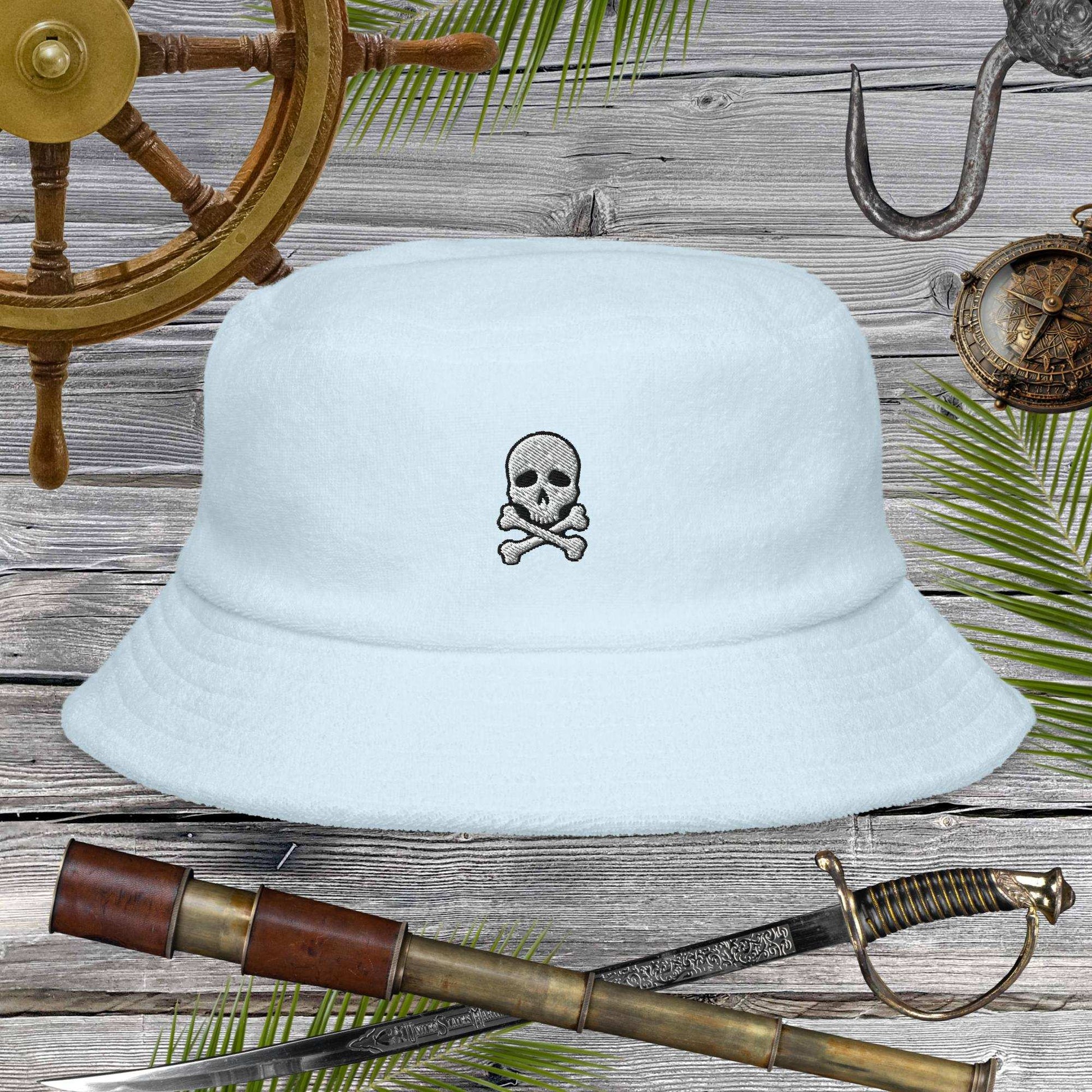 Jolly Pirate Flag Bucket Hat made of unstructured terry cloth, featuring a skull and crossbones design.