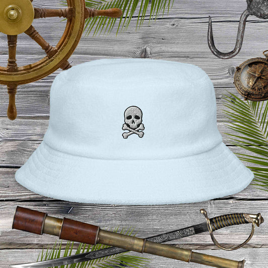 Jolly Pirate Flag Bucket Hat made of unstructured terry cloth, featuring a skull and crossbones design.