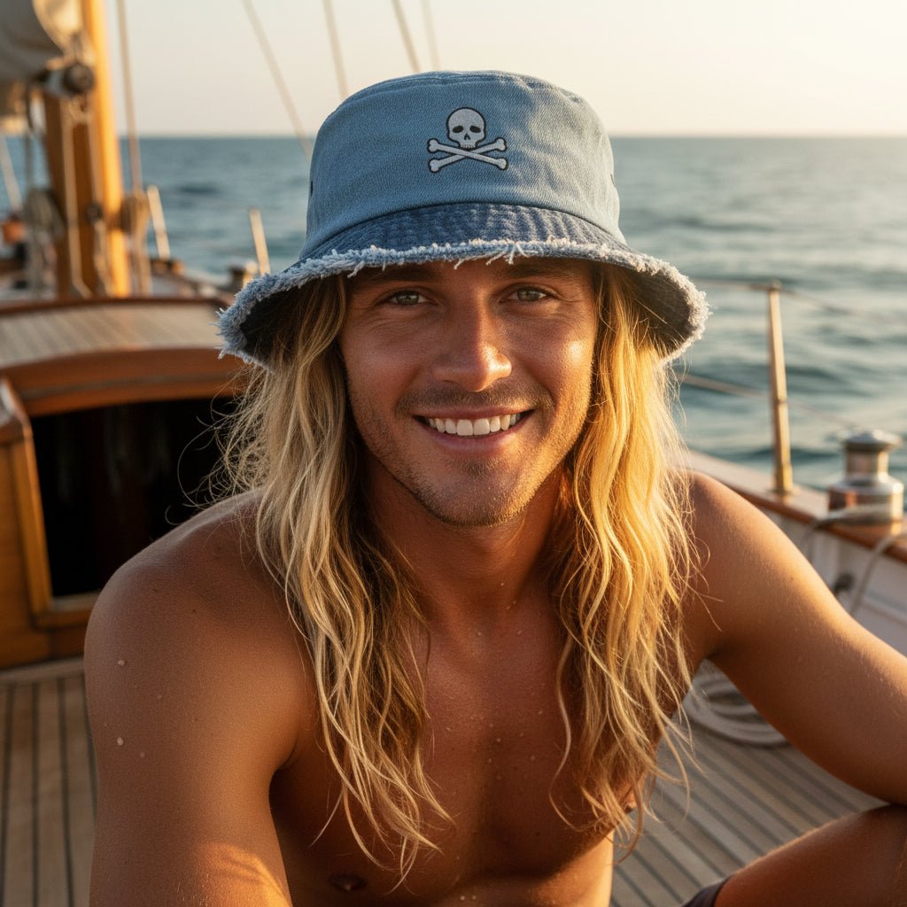 Dude wearing blue bucket hat with frayed edge and a Jolly Roger skull embroidery sitting on a vintage sailboat
