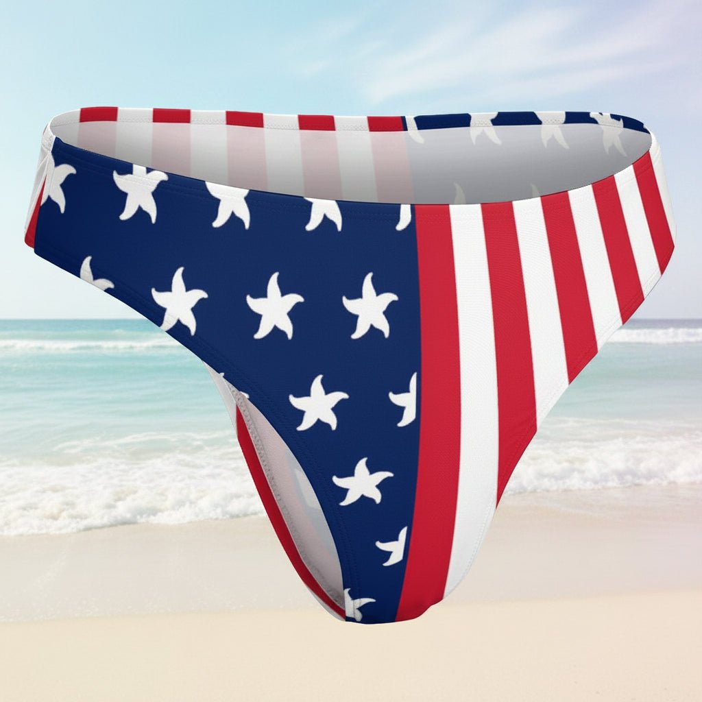 Bikini bottom with American flag pattern on a faded beach background