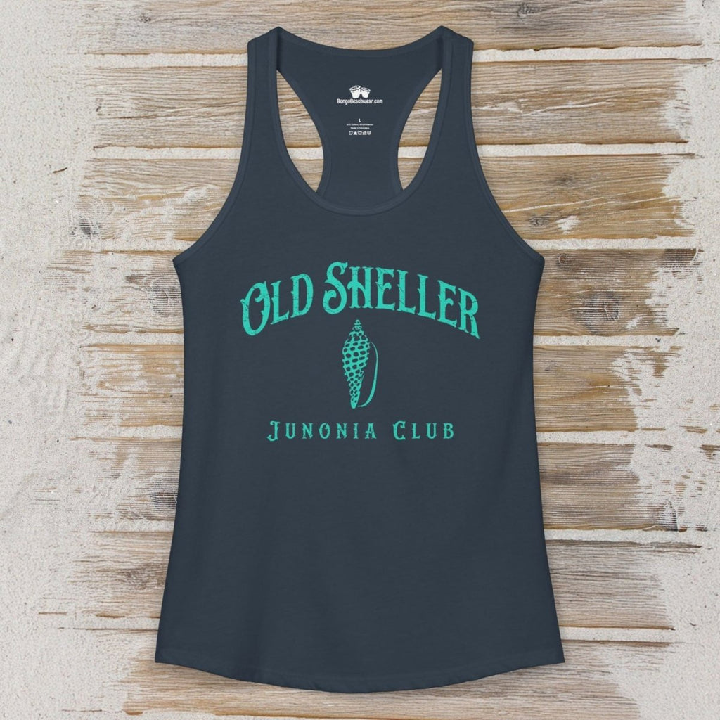 Black tank top with 'Old Sheller Junonia Club' text on a wooden surface