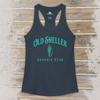 Black tank top with 'Old Sheller Junonia Club' text on a wooden surface