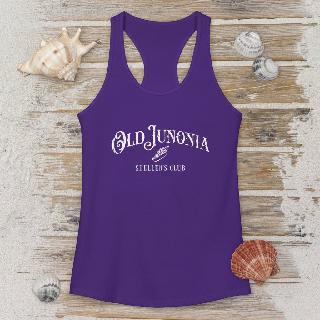 Purple tank top with 'Old Junonia Sheller's Club' text on a wooden surface