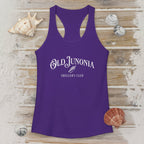 Purple tank top with 'Old Junonia Sheller's Club' text on a wooden surface