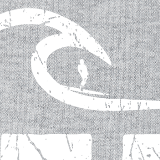 A close-up of a gray textured surface featuring a white graphic print of a surfer riding a wave, with partial white rectangular blocks visible at the bottom.
