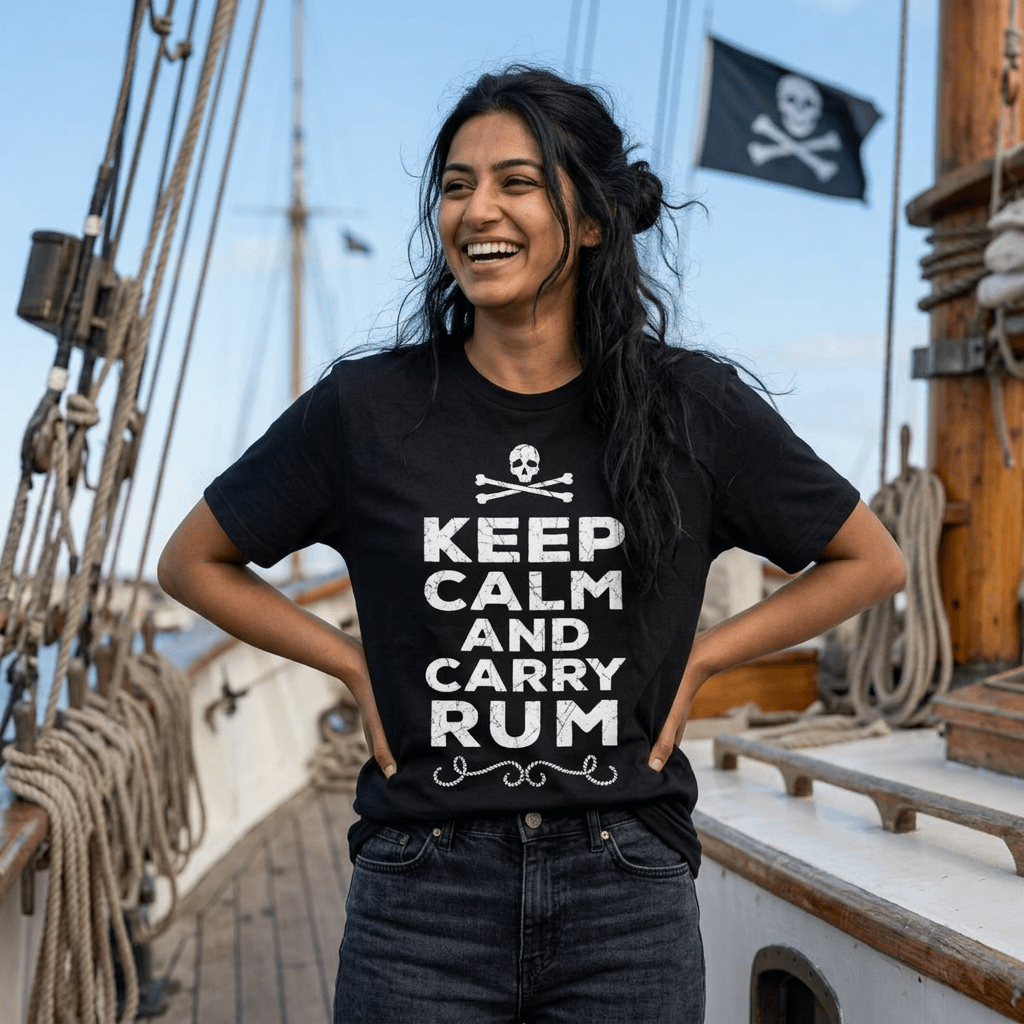A woman stands on a pirate ship wearing a black graphic t-shirt with the text 'KEEP CALM AND CARRY RUM' in white. The background shows the wooden deck, rigging, and a pirate flag.
