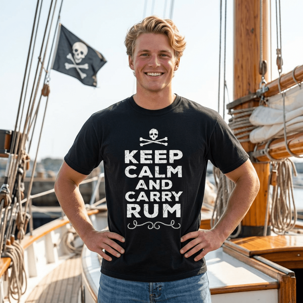 A smiling man wearing a black crew-neck t-shirt with a white skull and crossbones graphic and the text 'KEEP CALM AND CARRY RUM' stands on a wooden sailing ship with a pirate flag in the background.