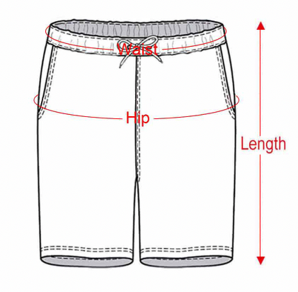 Measurement guide for shorts with labeled waist, hip, and length on a white background