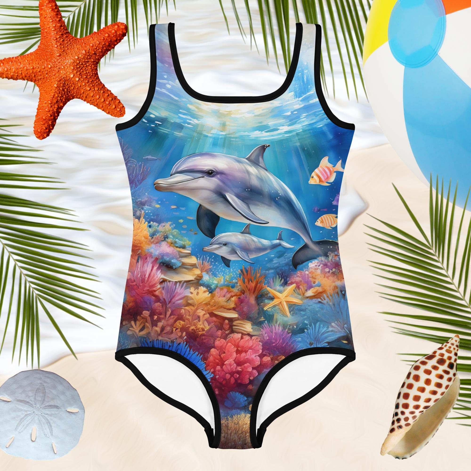 little girls swimsuit with beautiful Dolphin image of mother and baby dolphins swimming over a coral reef. hovering over the water's edge and beachy backdrop