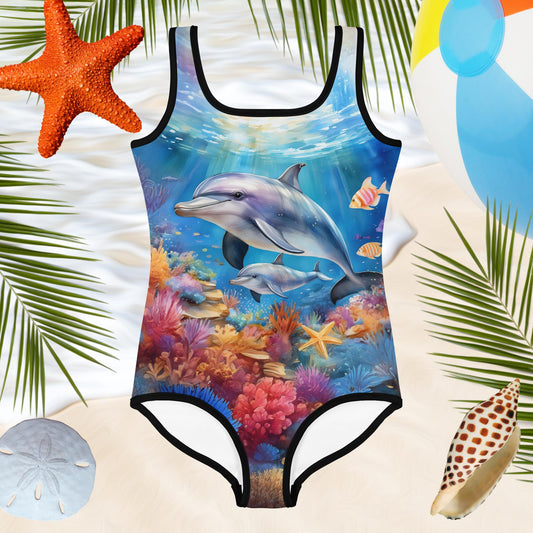 little girls swimsuit with beautiful Dolphin image of mother and baby dolphins swimming over a coral reef. hovering over the water's edge and beachy backdrop