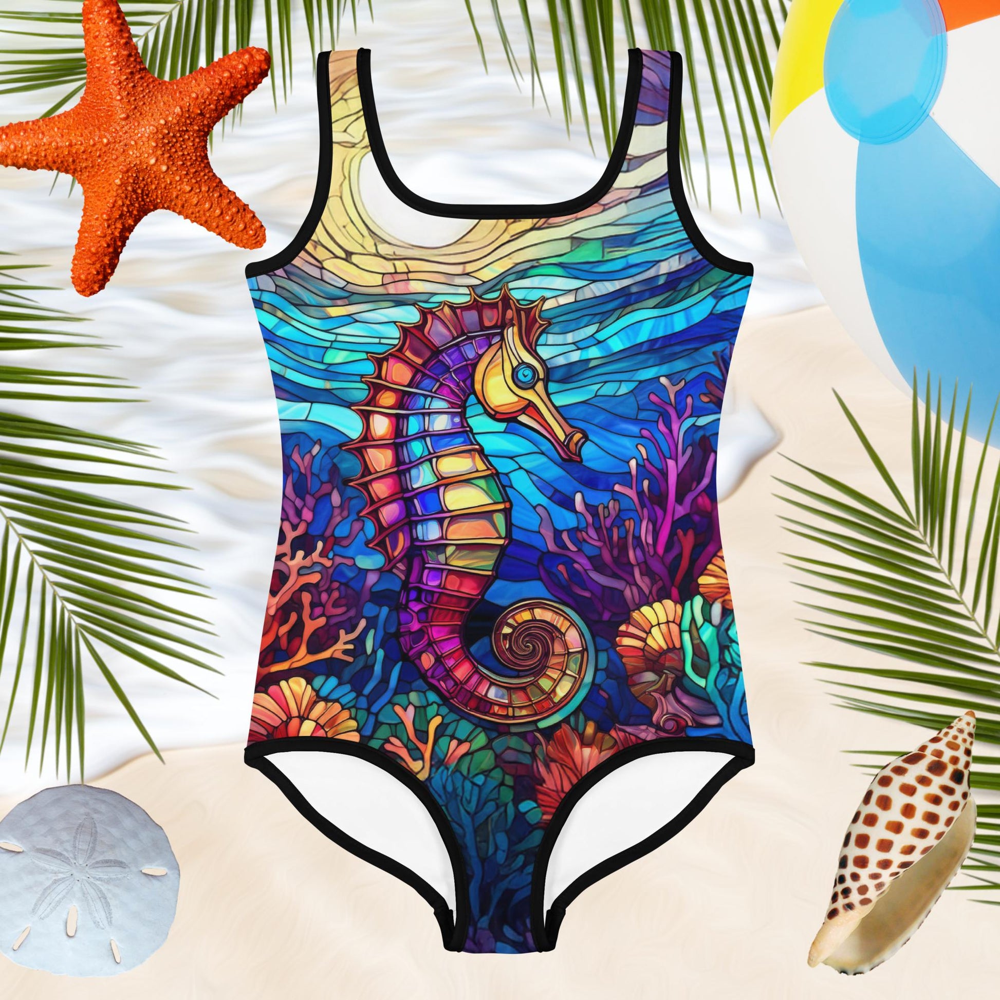 Beautiful sea horse in stained glass style print on a cute one piece swimsuit for girls on a beachy background.